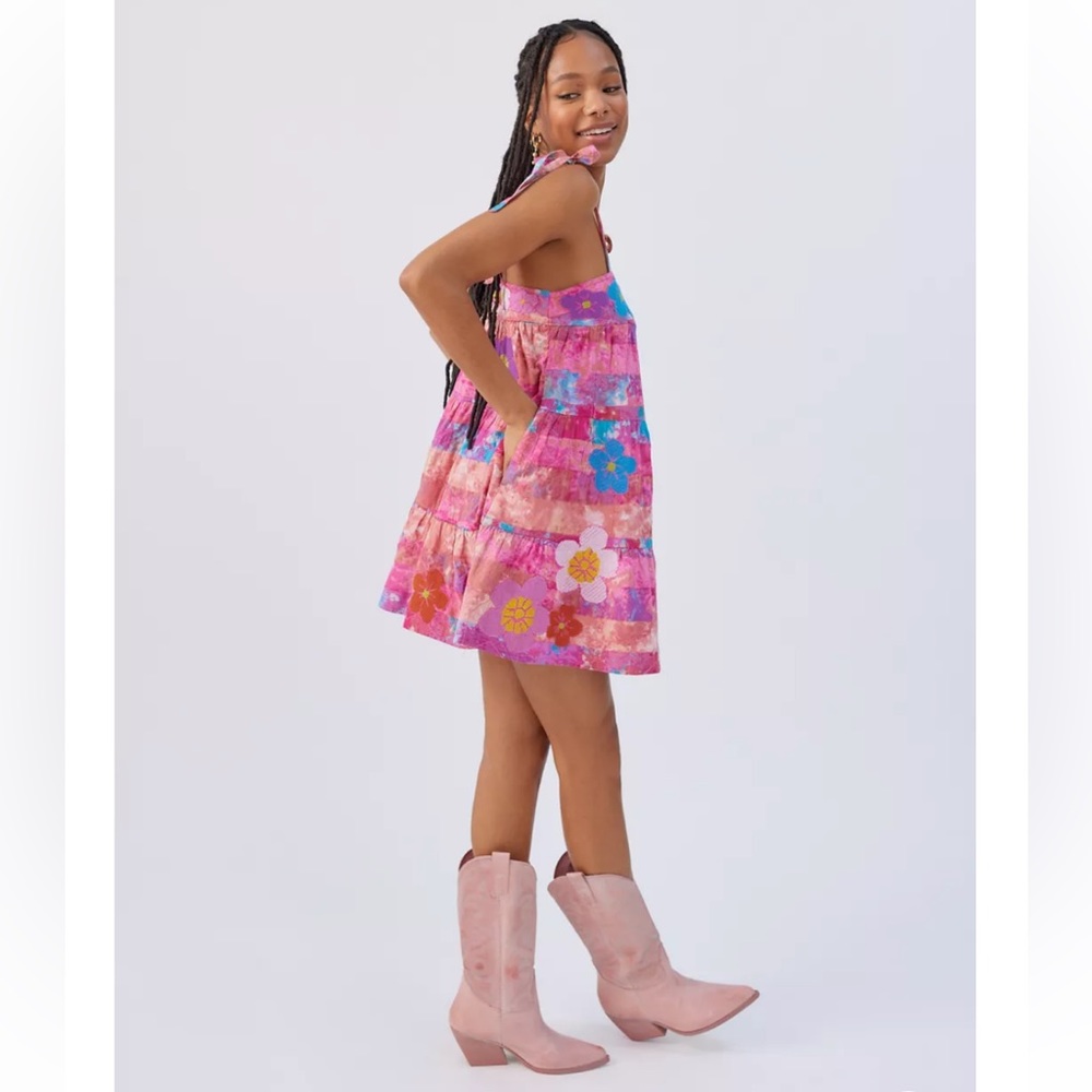 Kimchi Blue 100% Cotton Floral Boho Tiered Babydoll Mini Dress | Pink & Purple - Picture 4 of 9